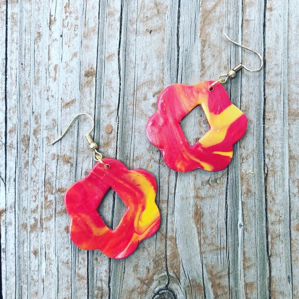 Red and Yellow Marbled Flower Polymer Clay Dangles